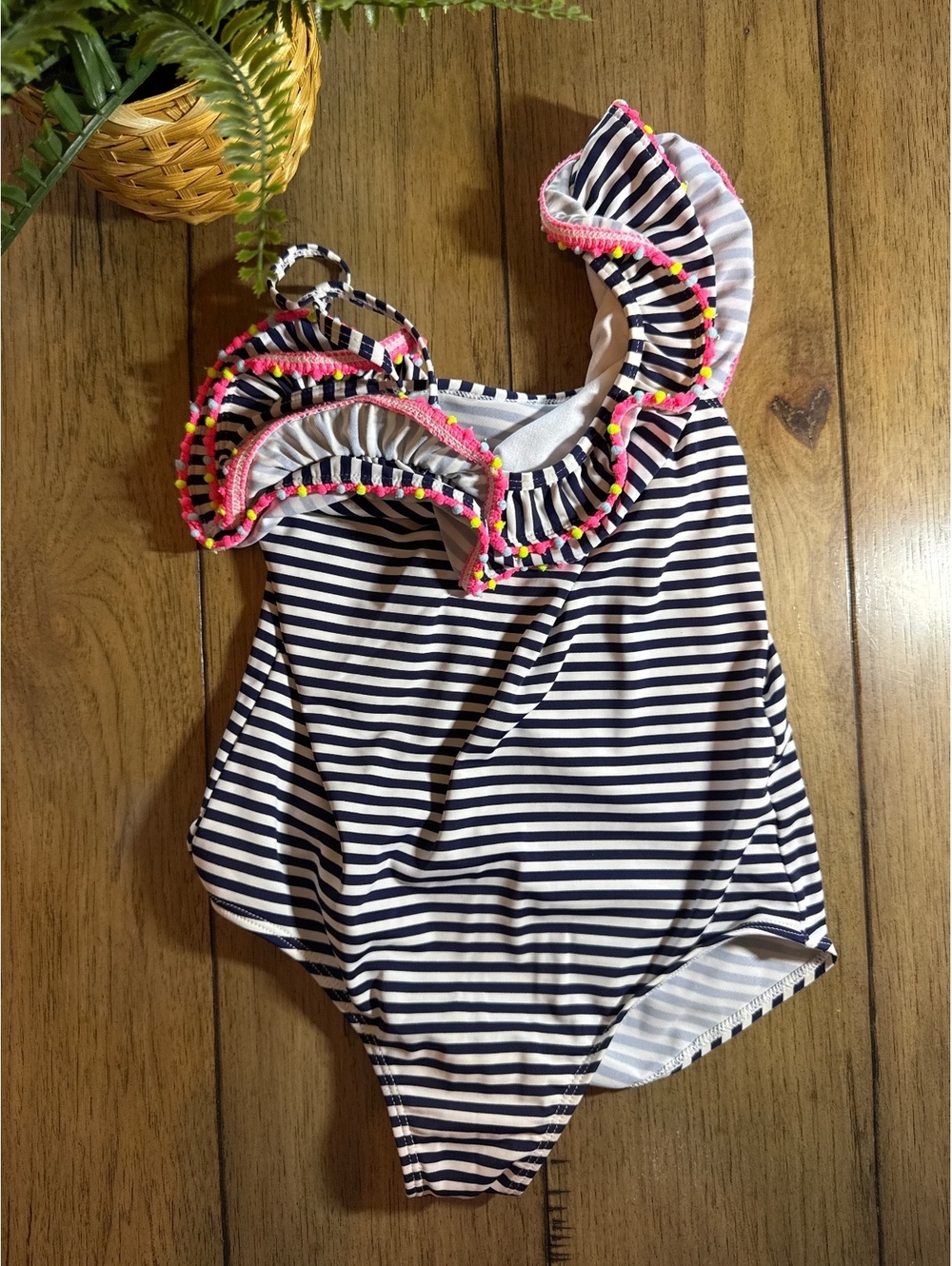 Primark Girls One-Piece Ruffle Swimsuit Navy & White Striped Size 10–11 Years